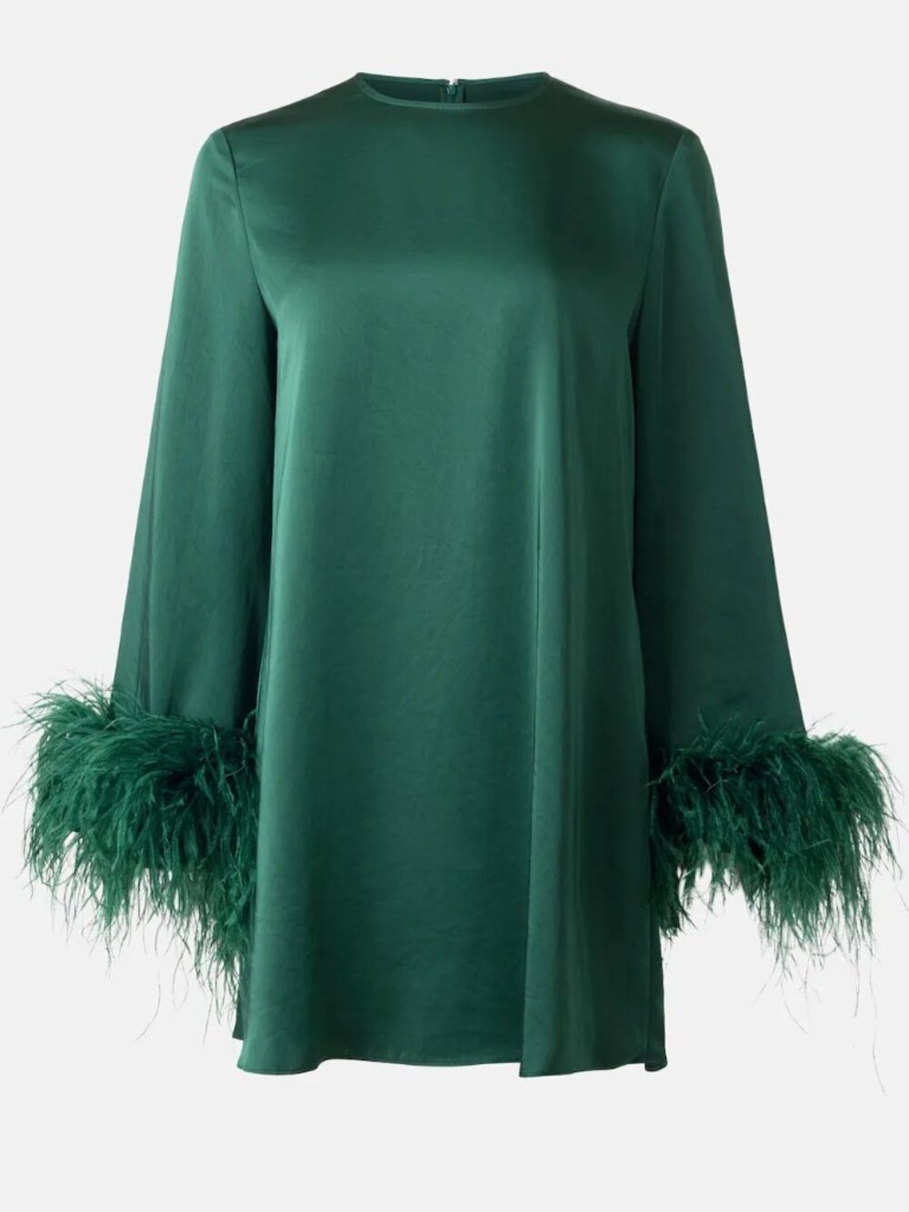 LAPOINTE Lightweight Satin Shift Mini Dress Feathers Forrest Green Long Sleeve